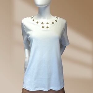 Quacker Factory Womens White Top With Gold Gromets with Crystal Accents Sz Large